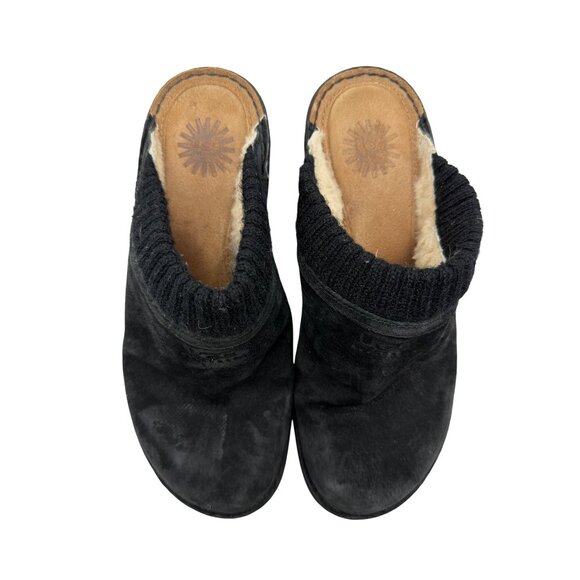 Ugg Knitted Cuff Shearling Lined Suede Wedge Mules Size 8 Black - Picture 3 of 9
